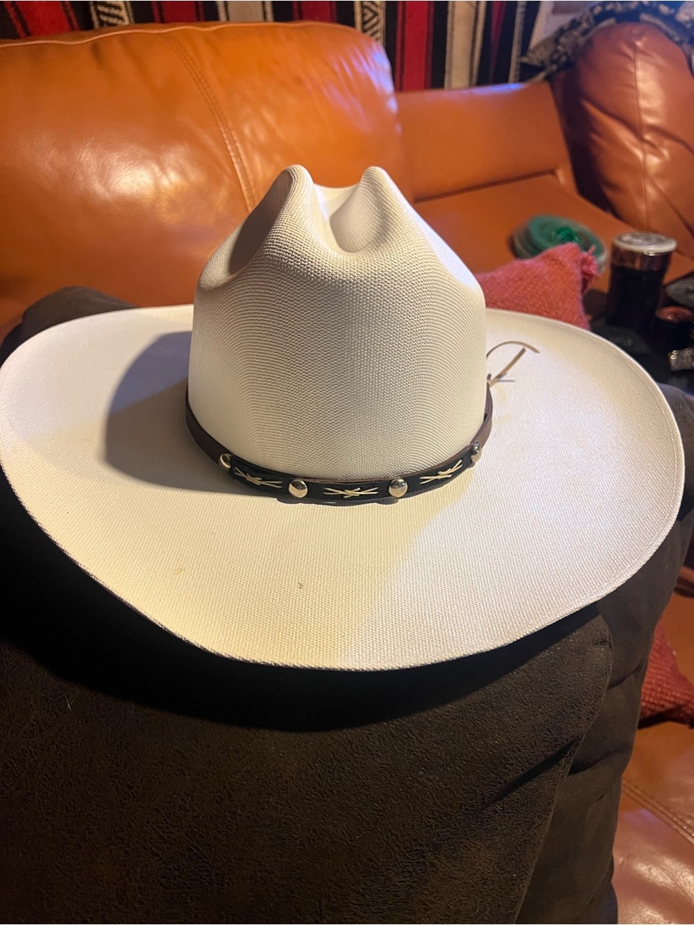 White Womens Western Straw Hat with Brown Leather Band - Picture 2 of 6